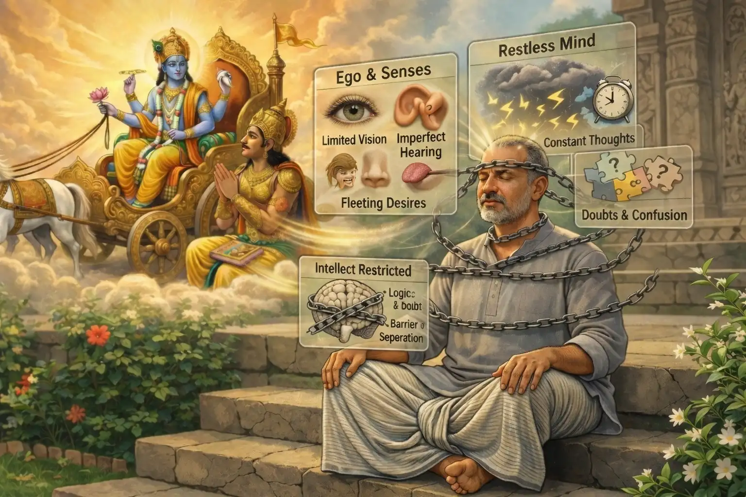 The material mind and senses have defects and limitations that prevent us from achieving God-realization.