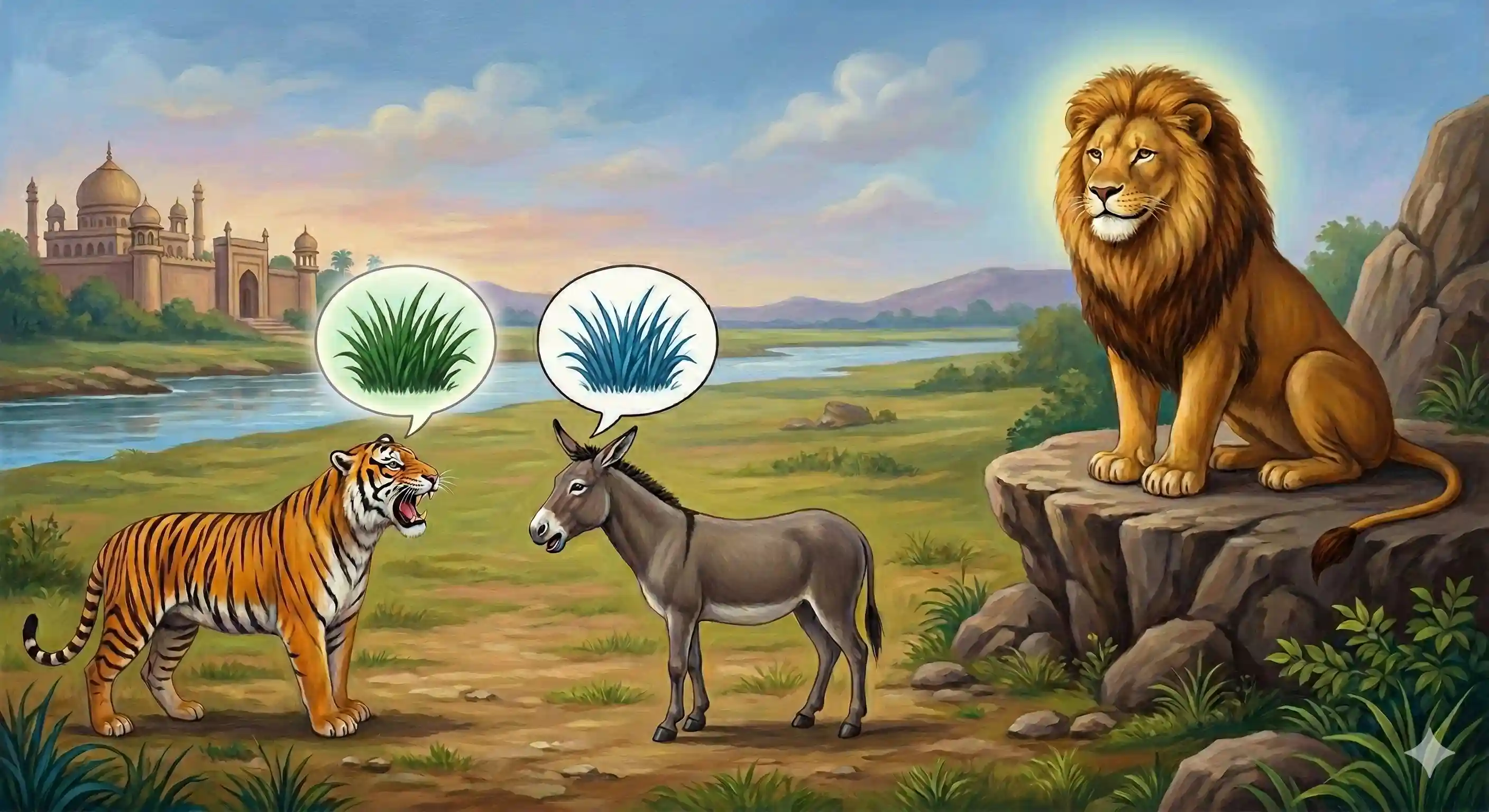 A tiger and a donkey arguing over the color of grass with the lion as a judge