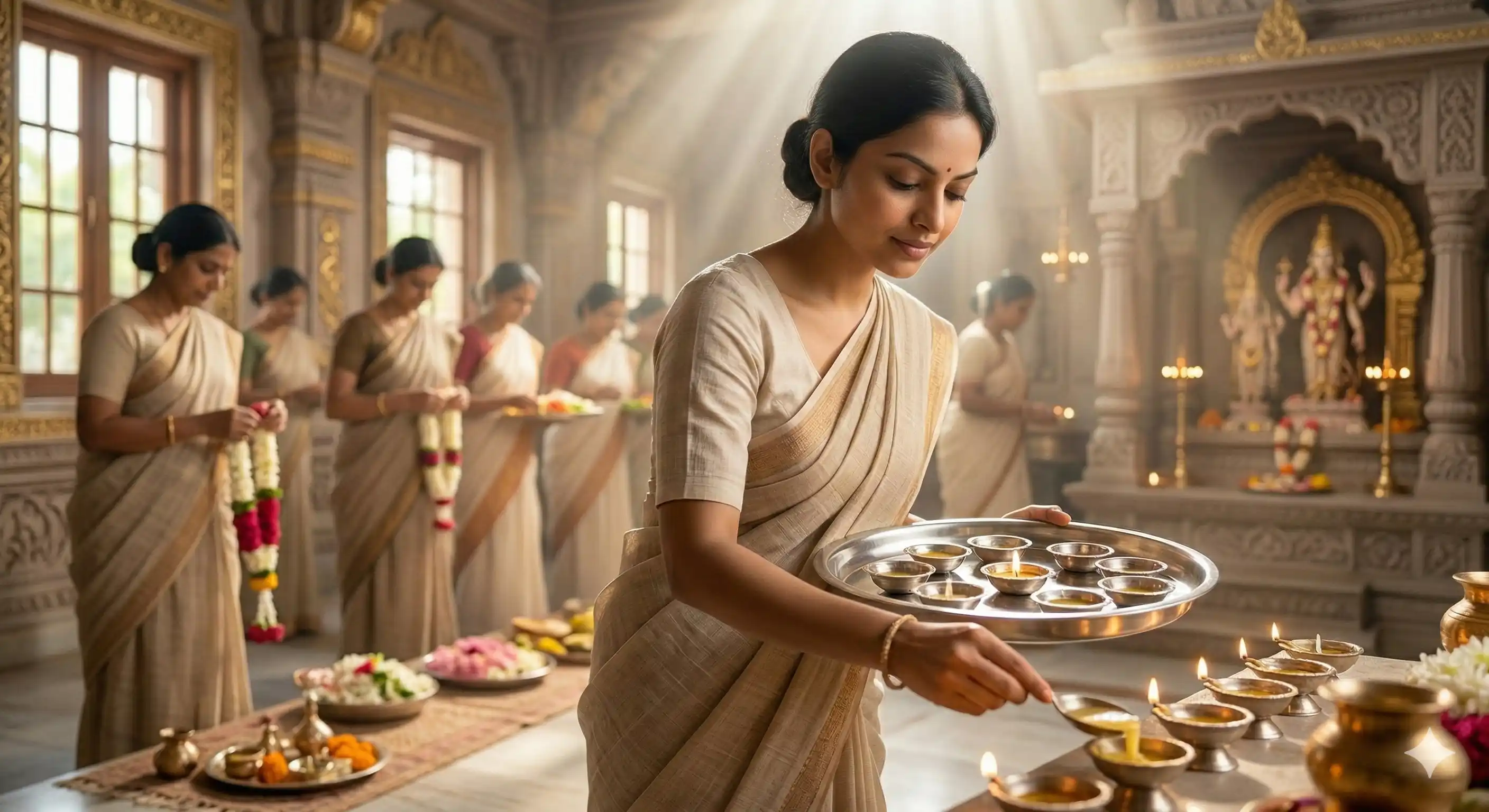 An Indian woman holding a pooja plate lighting diyas for the worship of God with other women behind her preparing garlands.