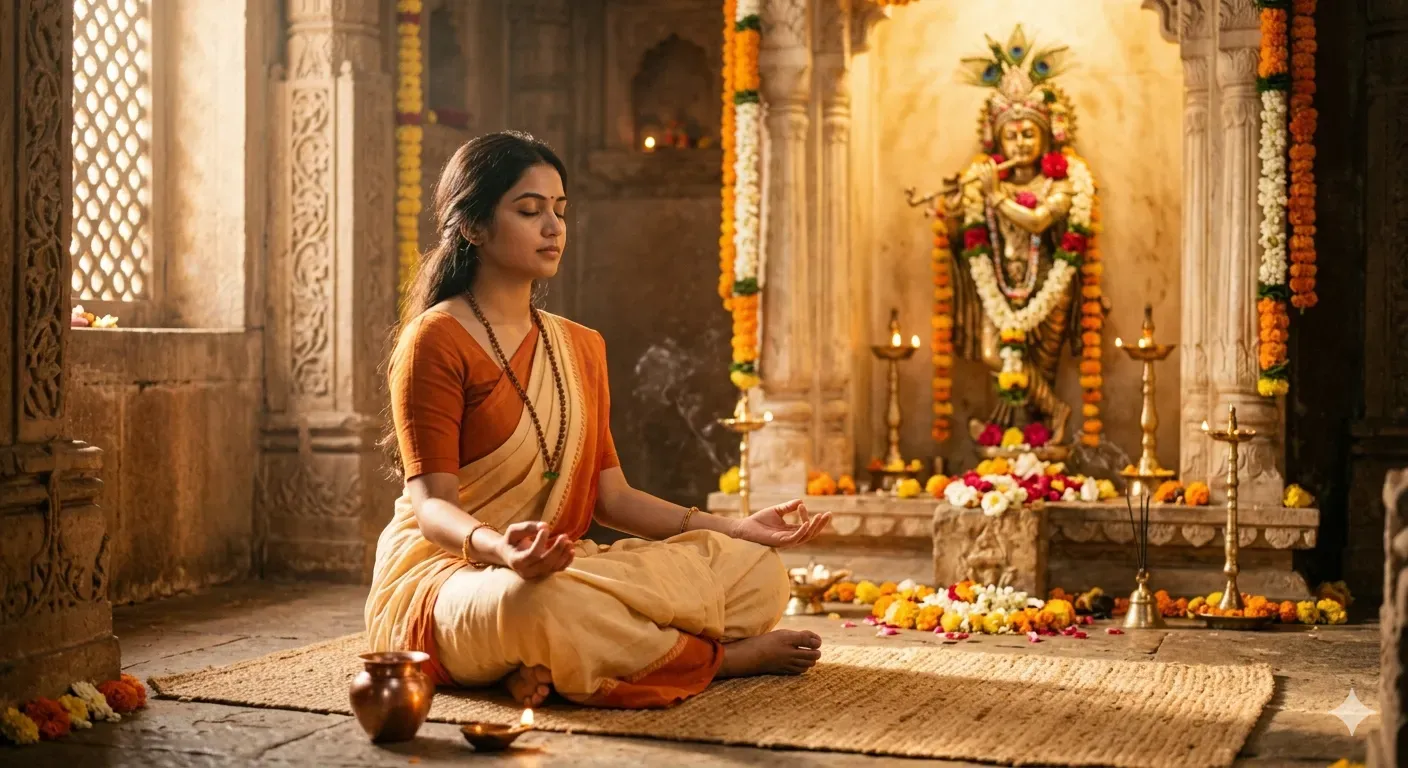 A Woman is in Deep Meditation and Prayer to Shree Krishna