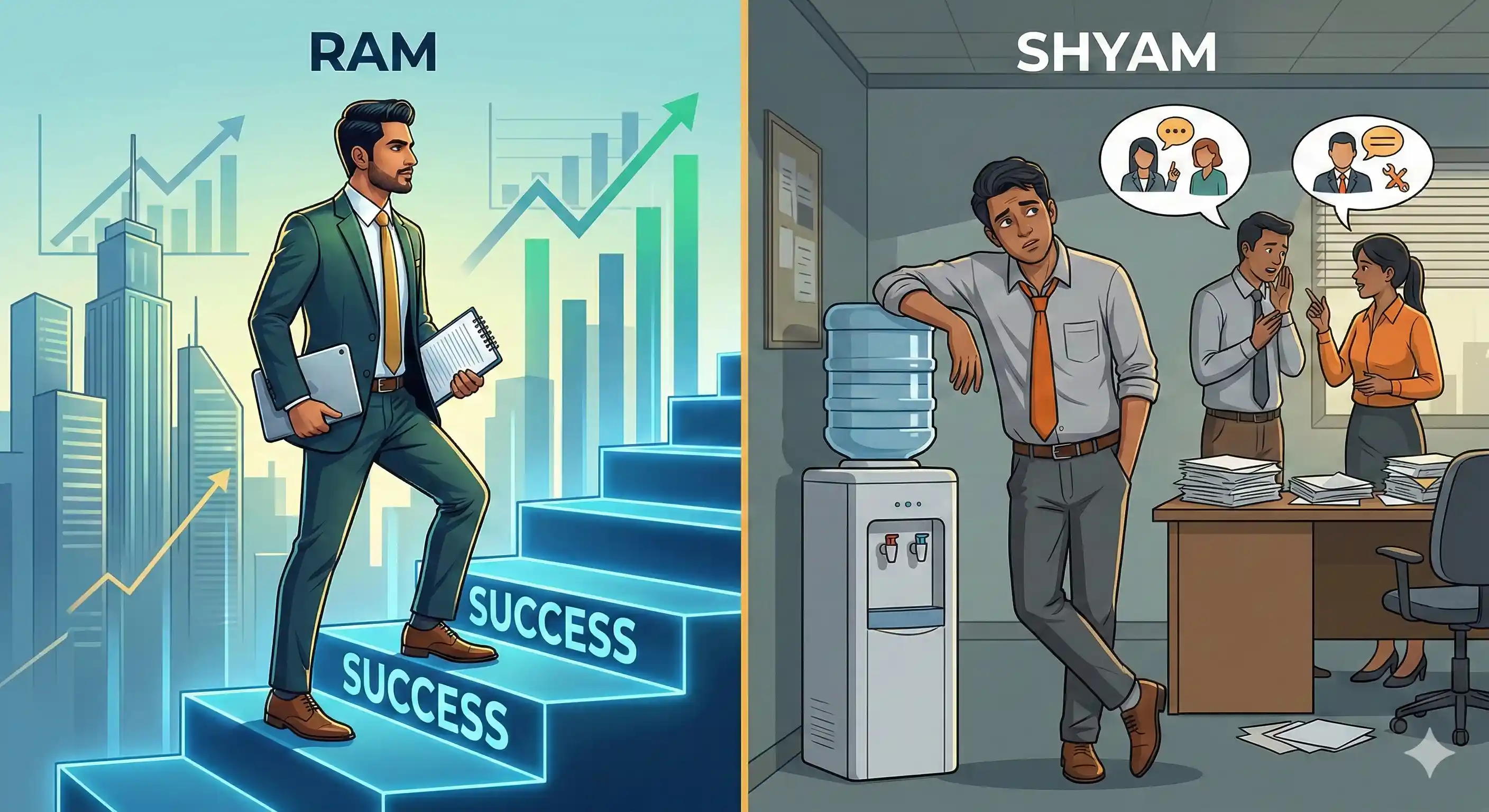 Two men reflecting on their career choices, one is successful, the other is not.