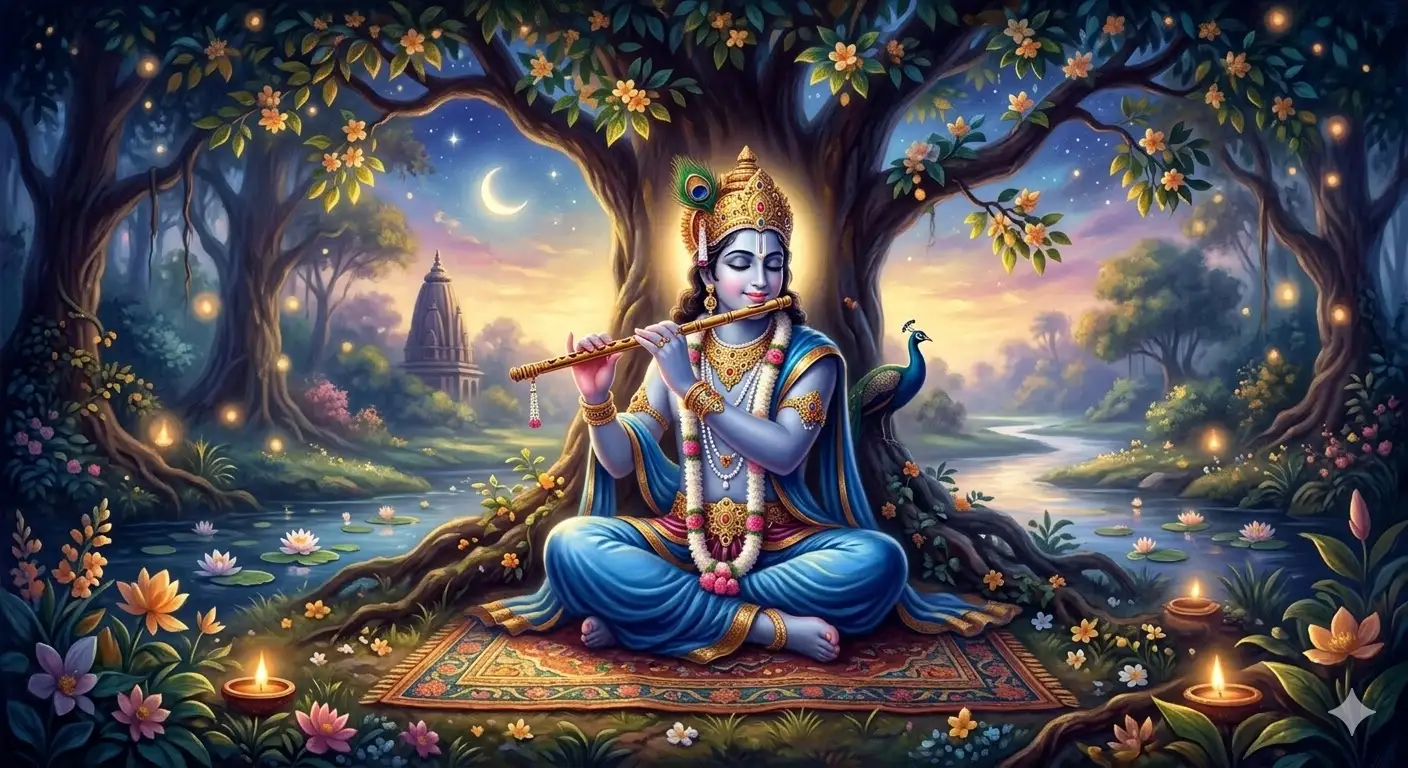 Shree Krishna sitting under a tree and playing His flute.