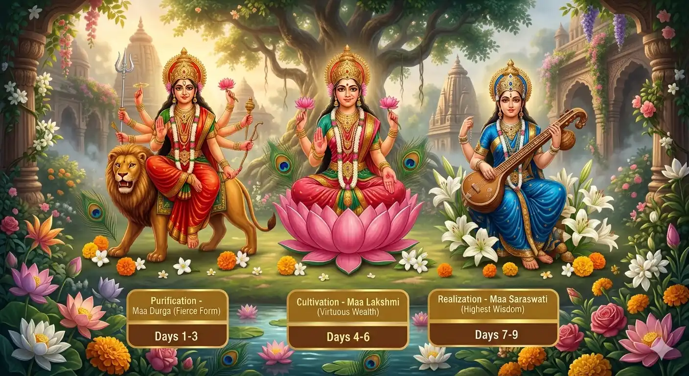Hindu Goddesses in a flower scenery, from left to right, Goddess Durga, Goddess Laxmi, and Goddess Saraswati in divine forms with a chart showing the nine days of Chaitra Navratri