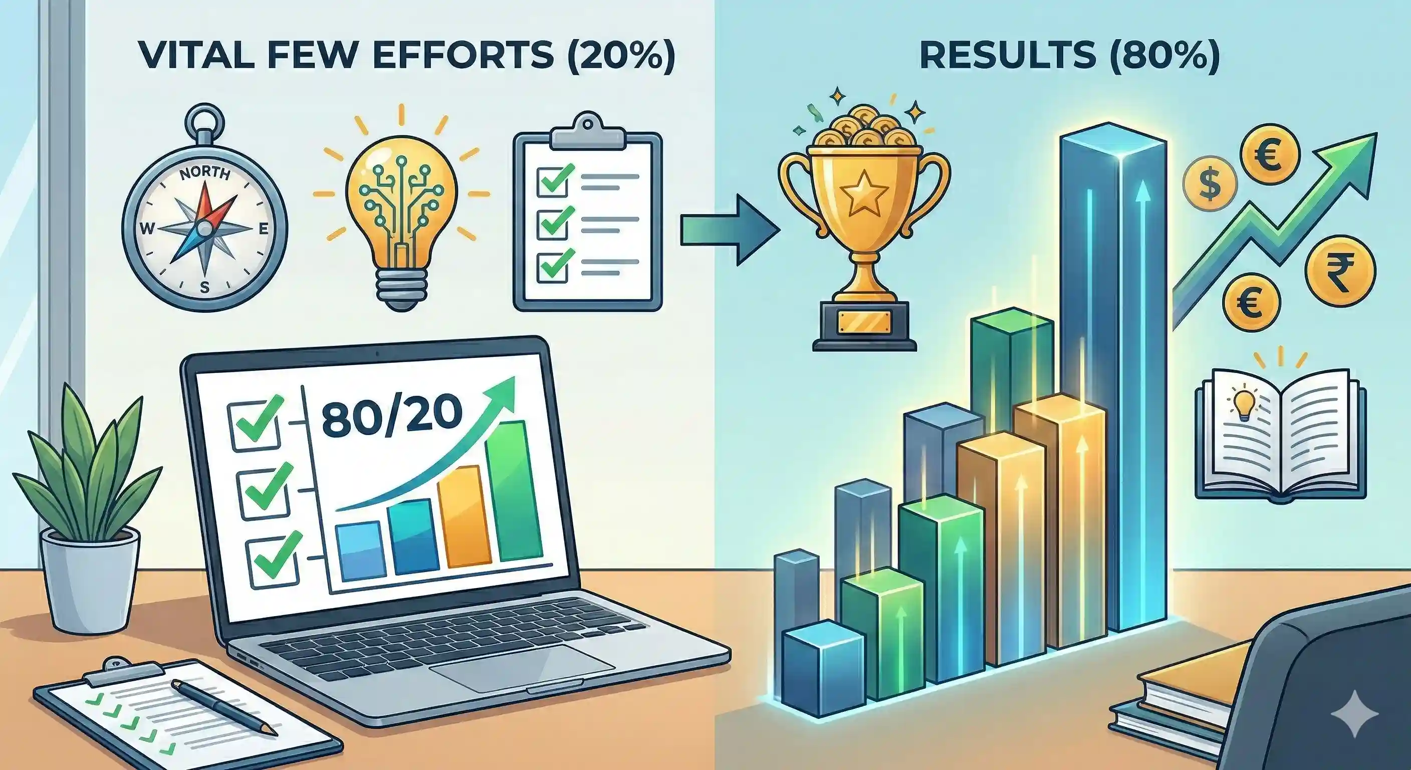 Side by side images showing 20% efforts are activities performed leading to 80% results