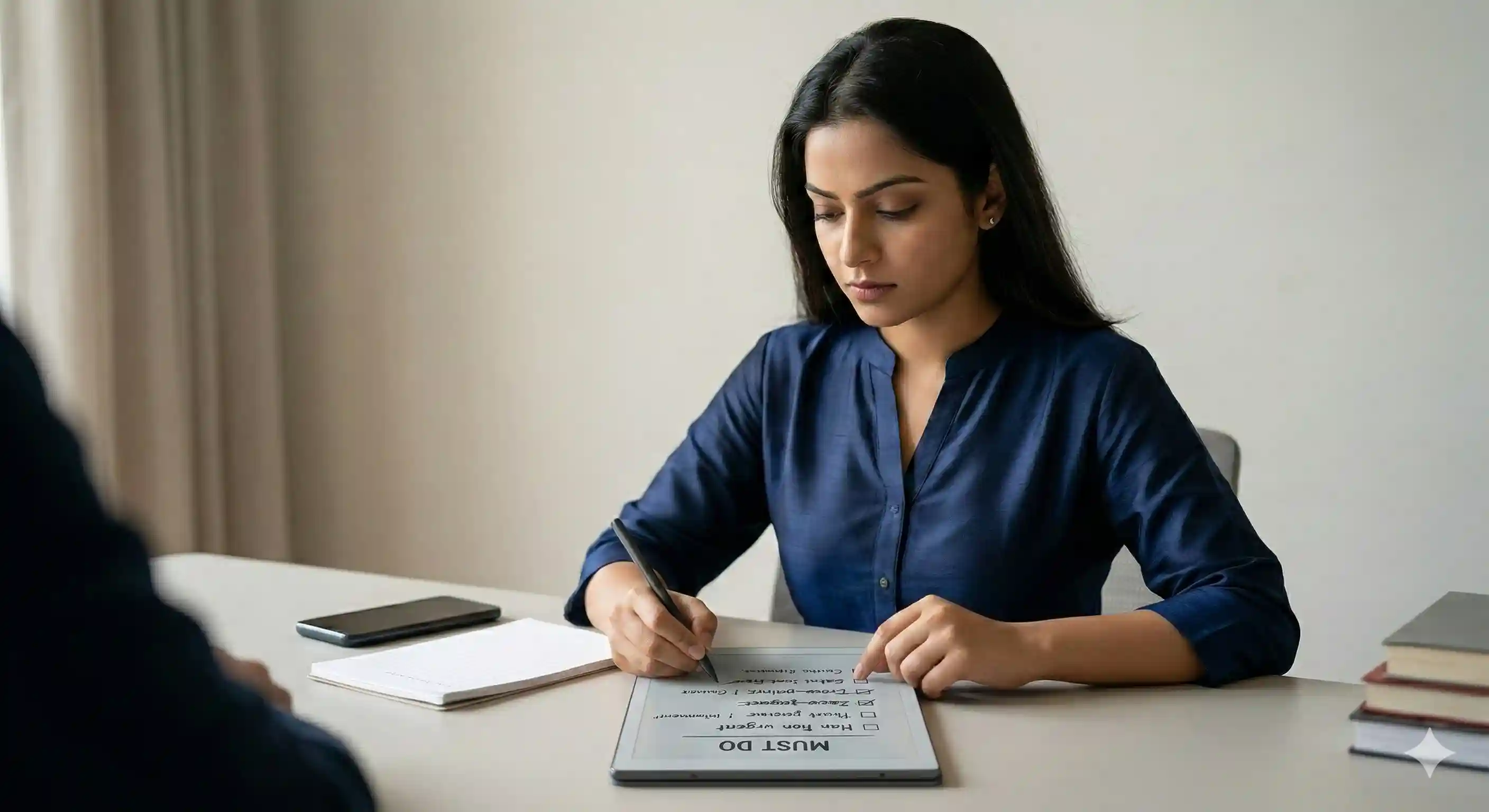 An Indian woman sitting at a desk and prioritizing her tasks deciding what is important