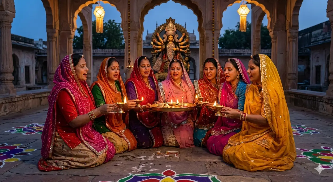 Hindu women dressed in saris sitting and chanting with diya lamps in devotion.