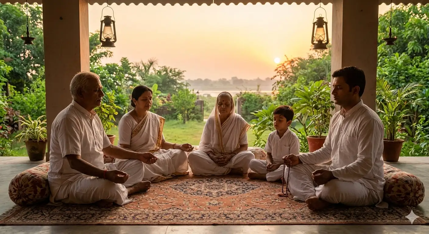 Indian family sitting in their home meditating peacefully