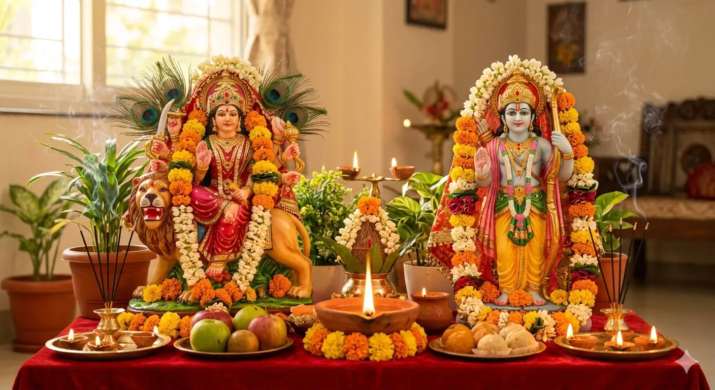 Goddess Durga and Lord Ram murtis on an altar being worshipped with garlands, diyas, and fruits, incense, and prasad items like fruits and laddoos.