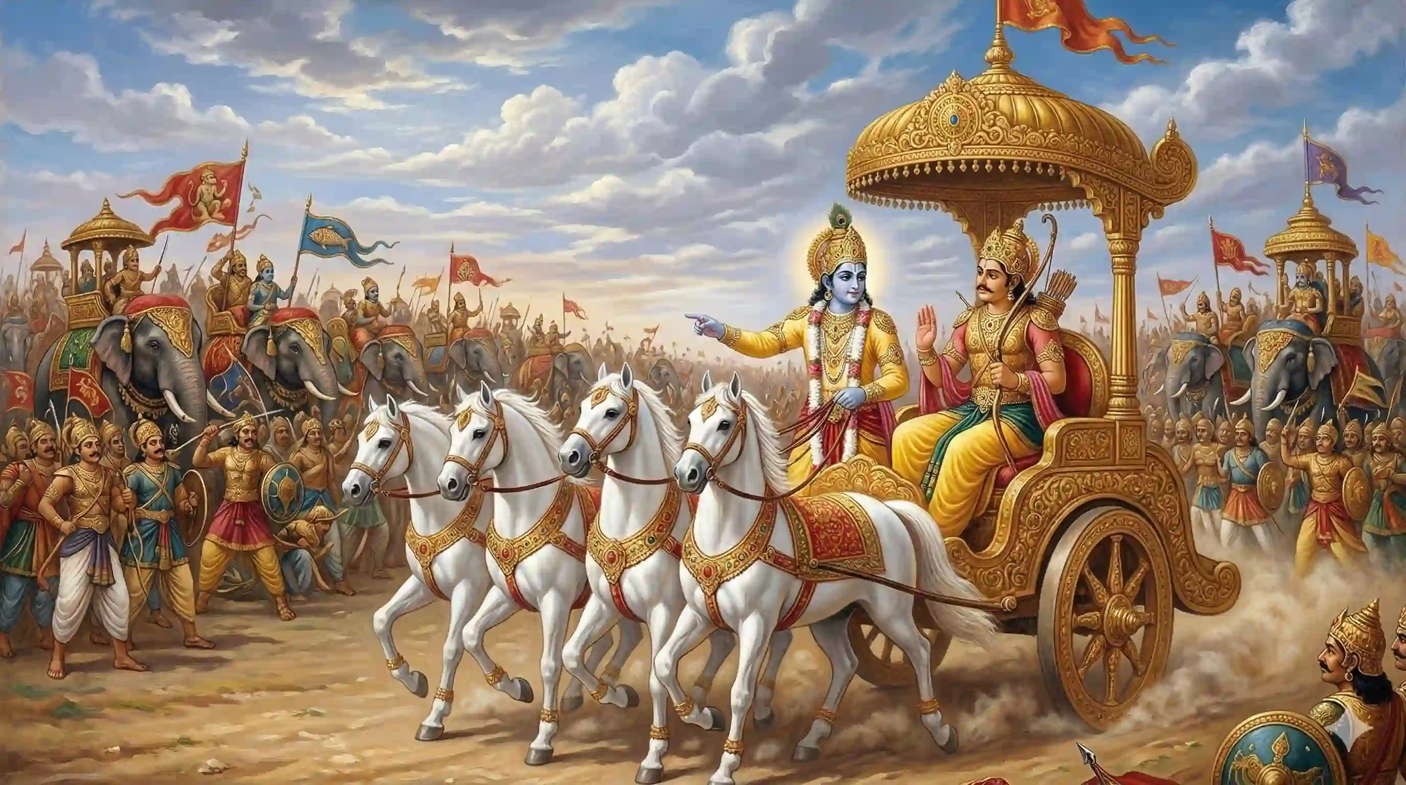 Lord Krishna and Arjun on the Chariot with Krishna explaining the Bhagavad Gita to Arjun as horses lead the chariot and Krishna as the charioteer in the middle of a battle field.