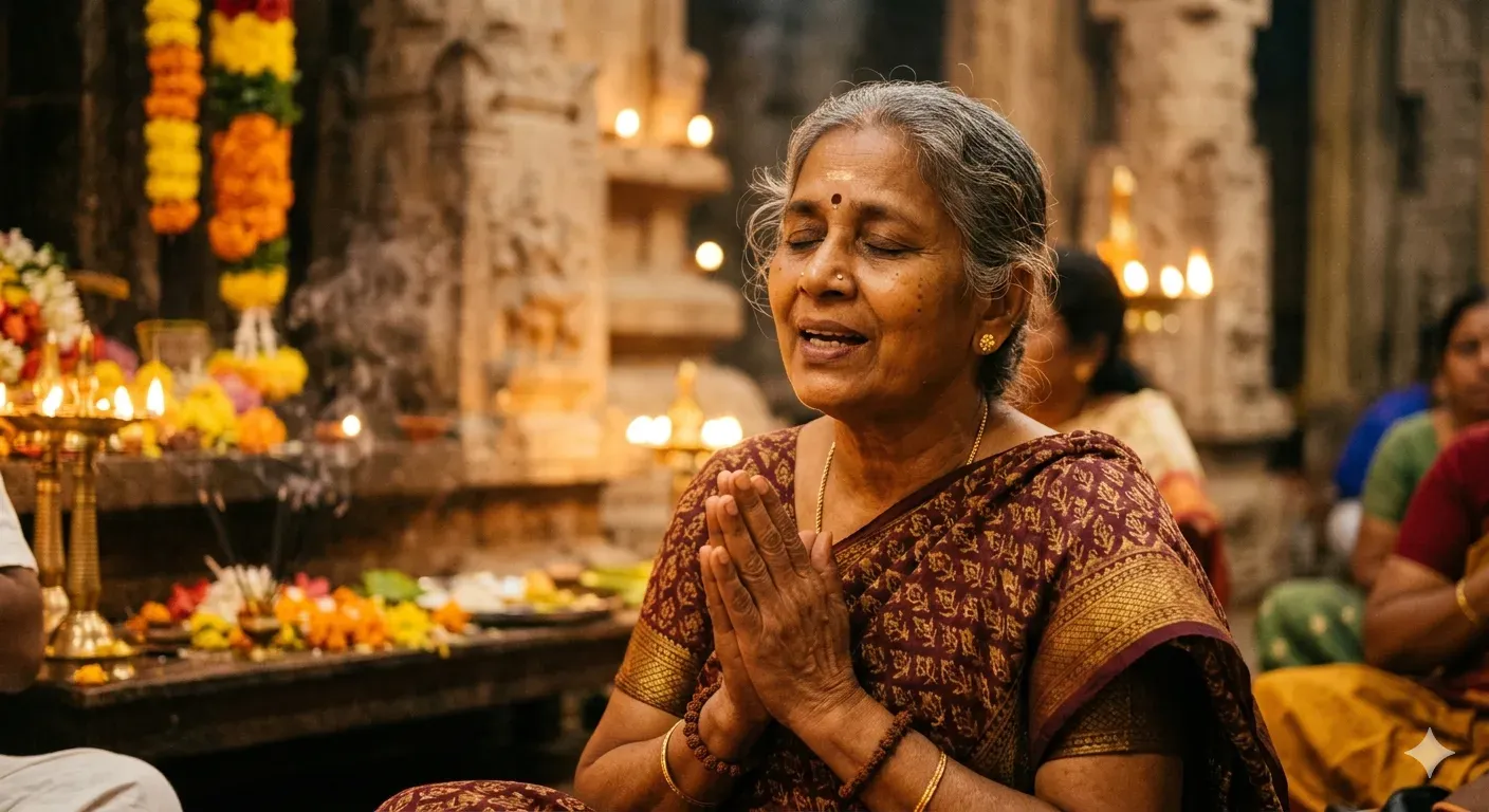 A woman allowing kirtan to sublimate her thoughts and feeling joy and relaxation.