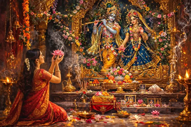 Radha Krishna temple worship representing selfless devotion taught by Kripaluji Maharaj.