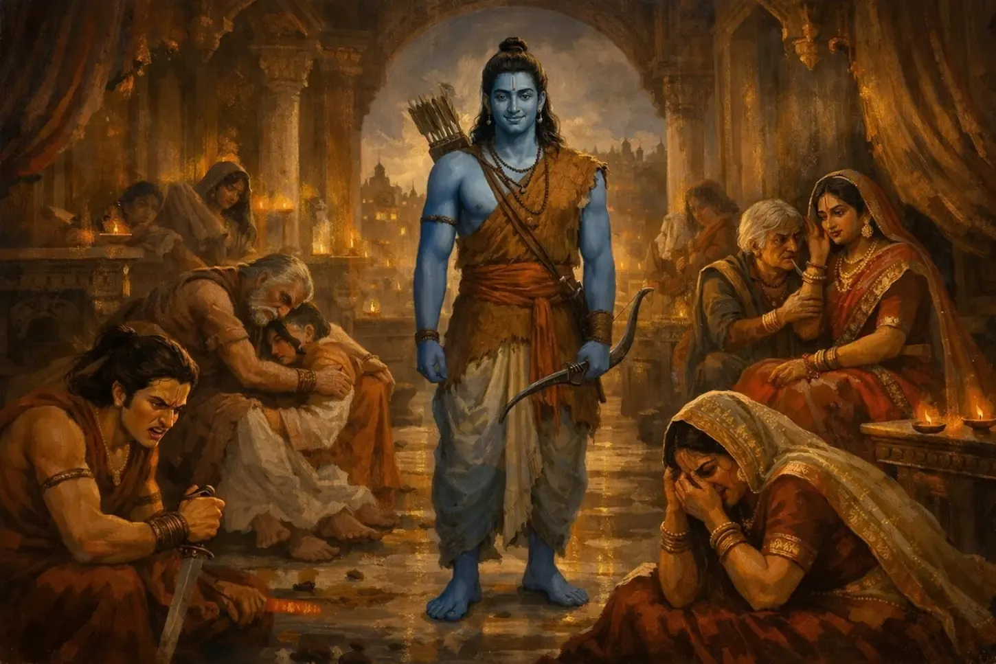 Lord Ram standing calm as Dasharath grieves, Kaikeyi demands exile, and Lakshman shows anger.