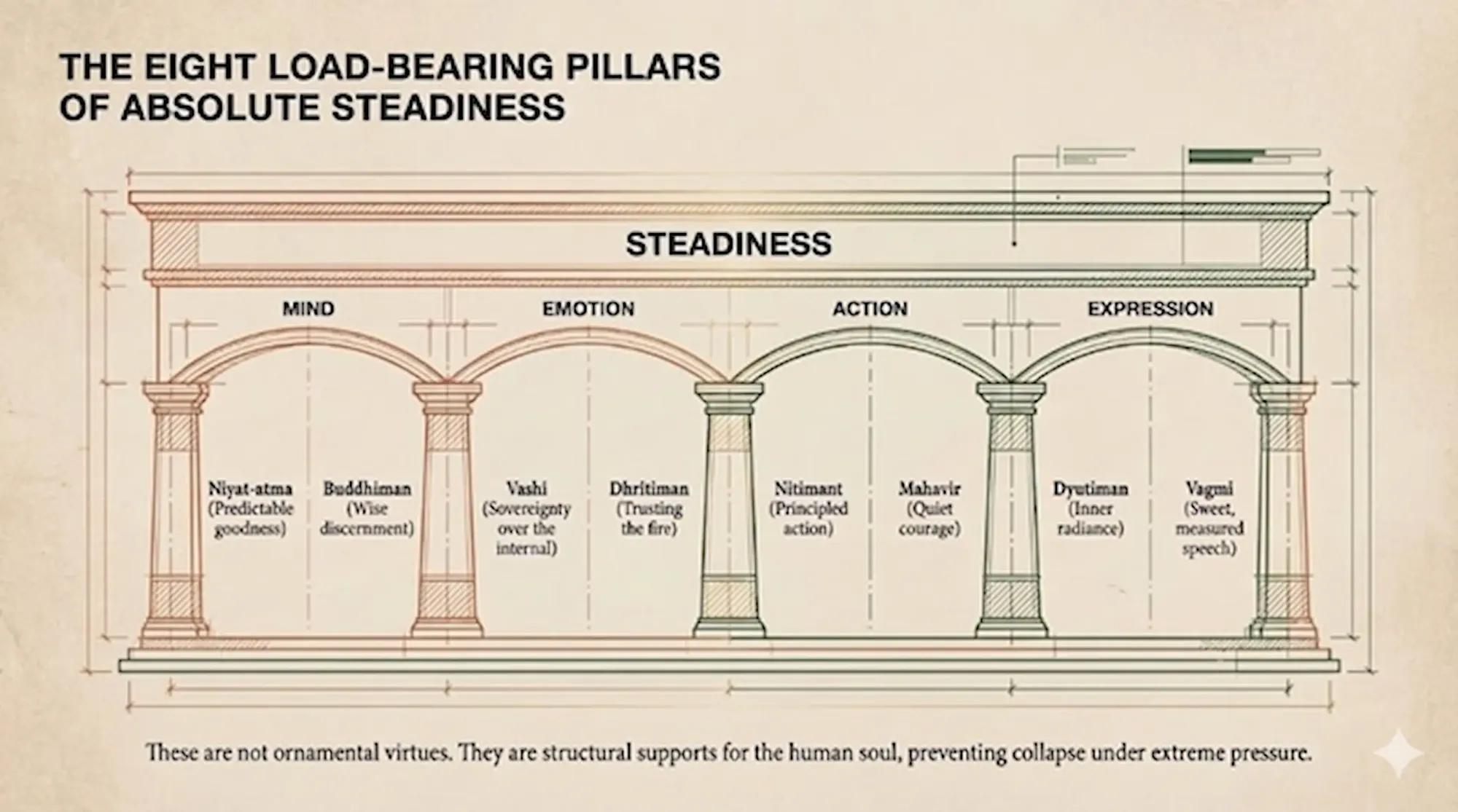 Eight pillars of steadiness across mind, emotion, action, and expression as foundations for inner strength and stability