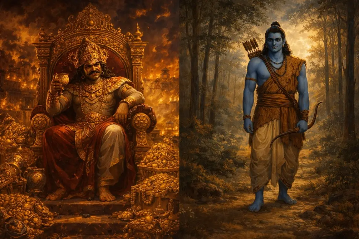 Ravan in golden luxury surrounded by wealth vs Lord Ram walking peacefully in the forest.
