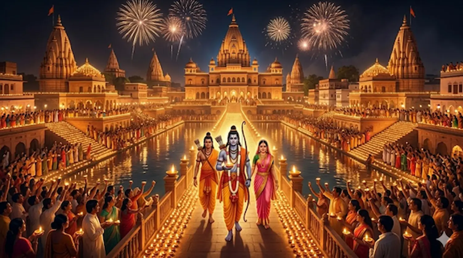 Grand celebration in Ayodhya with Lord Ram, Sita, and Lakshman.