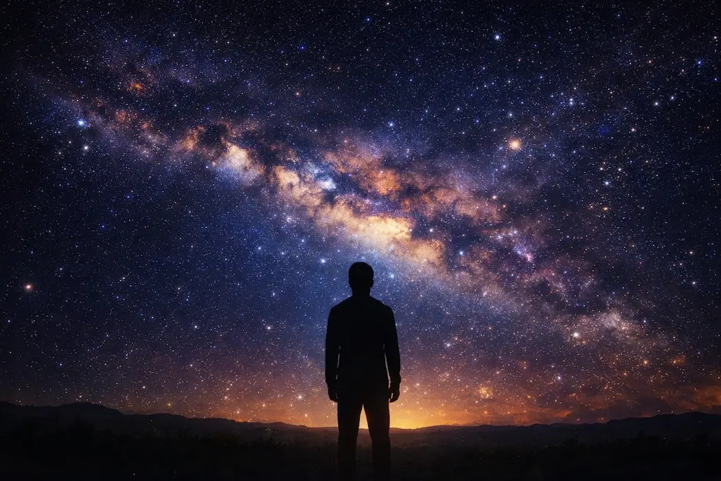 Silhouette of a person looking at the Milky Way galaxy in a star-filled night sky.