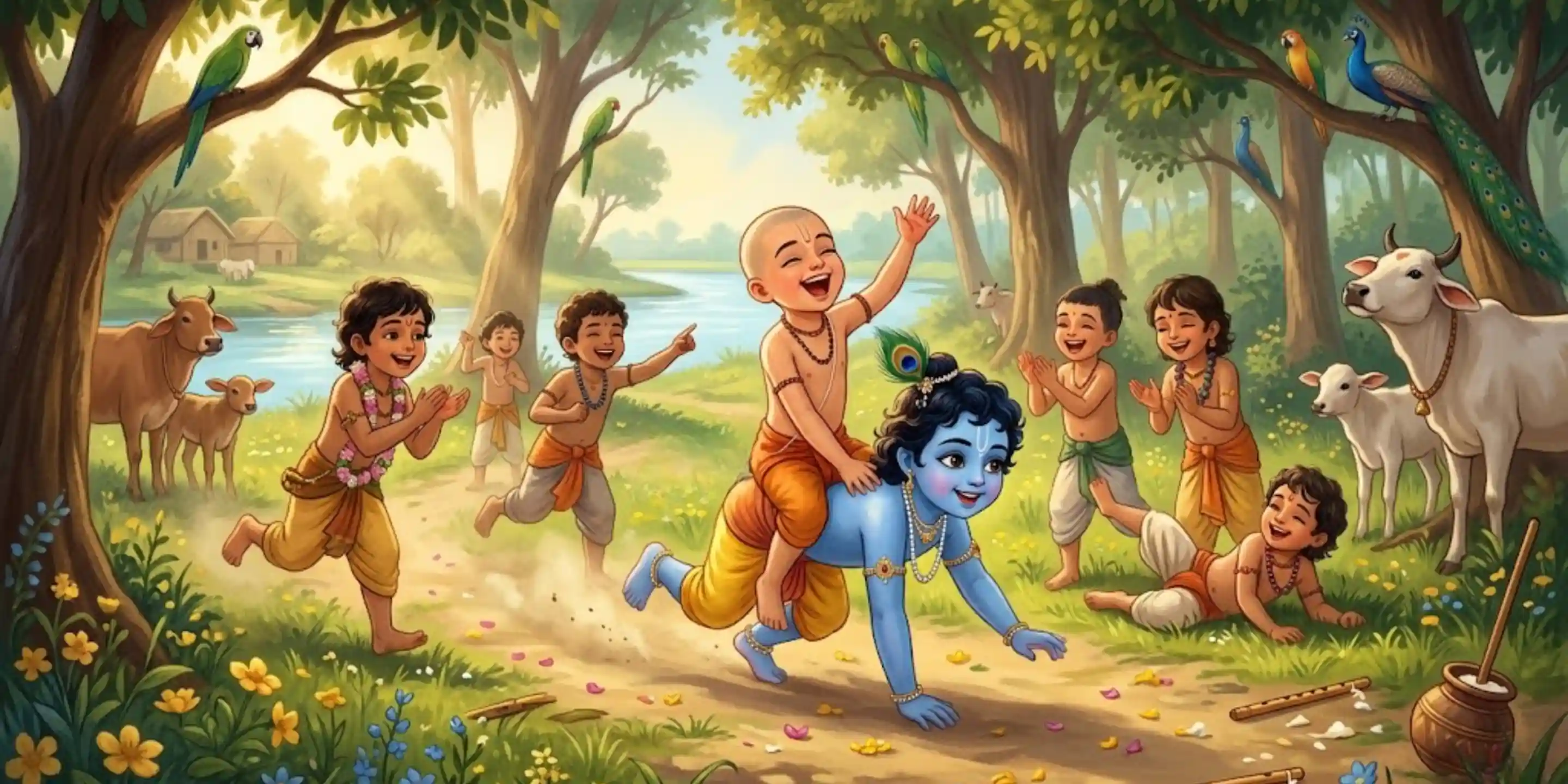 Cowherd friends playing with Krishna in Vrindavan.