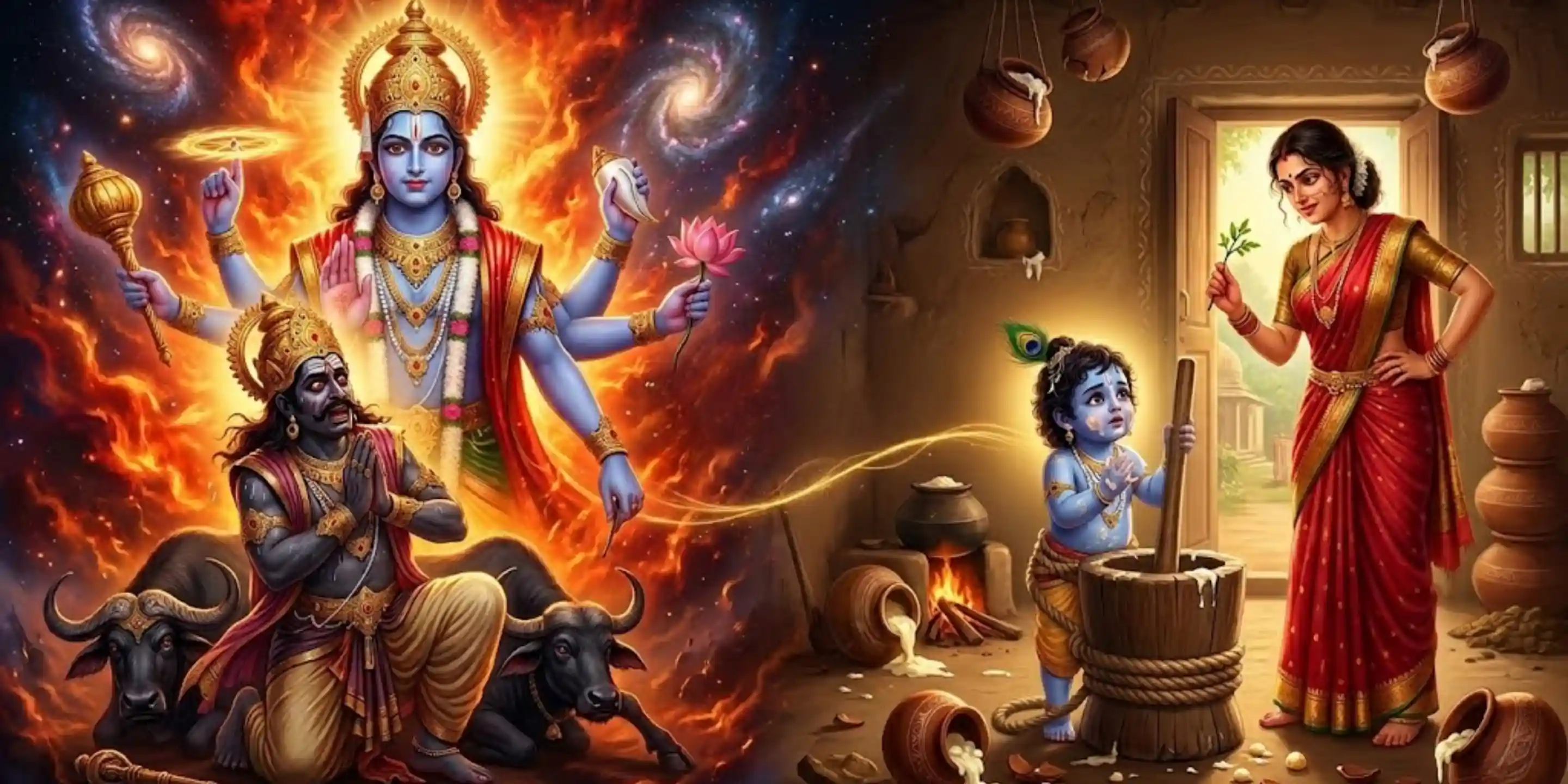 A split scene: Yamraj trembles before Krishna; but in Vrindavan, Krishna fears Yashoda’s twig