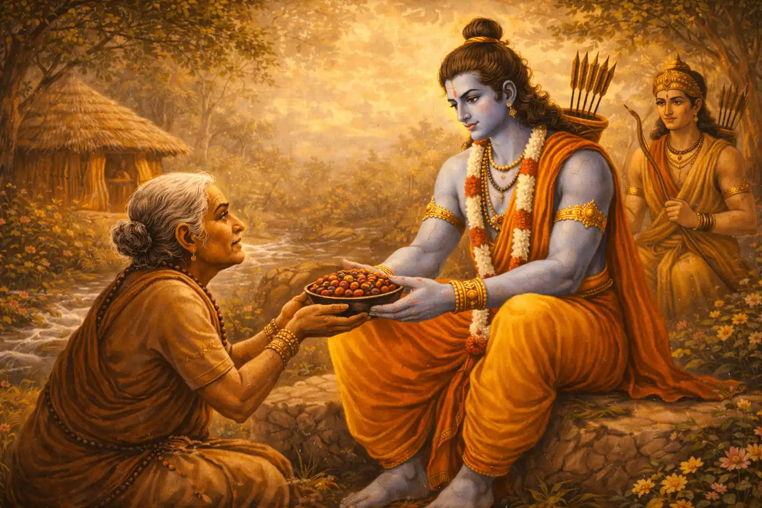 Lord Rama lovingly accepts Shabari’s offering, honoring the purity of her devotion.