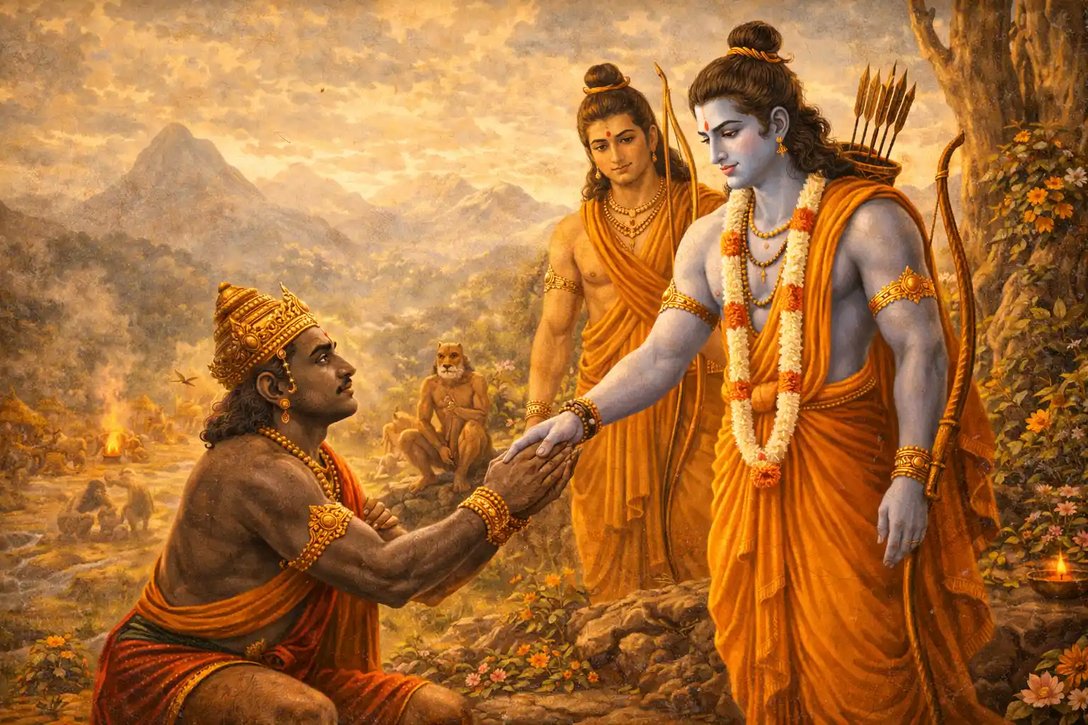    Lord Ram Welcomes Vibhishan with Compassion, Proving that Righteousness Rises Above all Divisions.