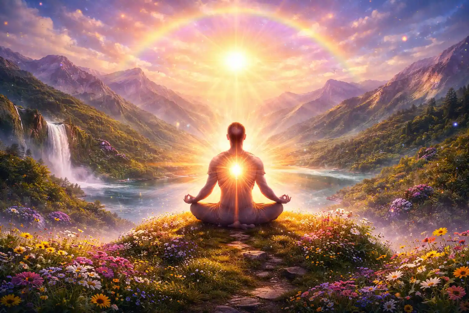 A seeker meditating in nature at sunrise