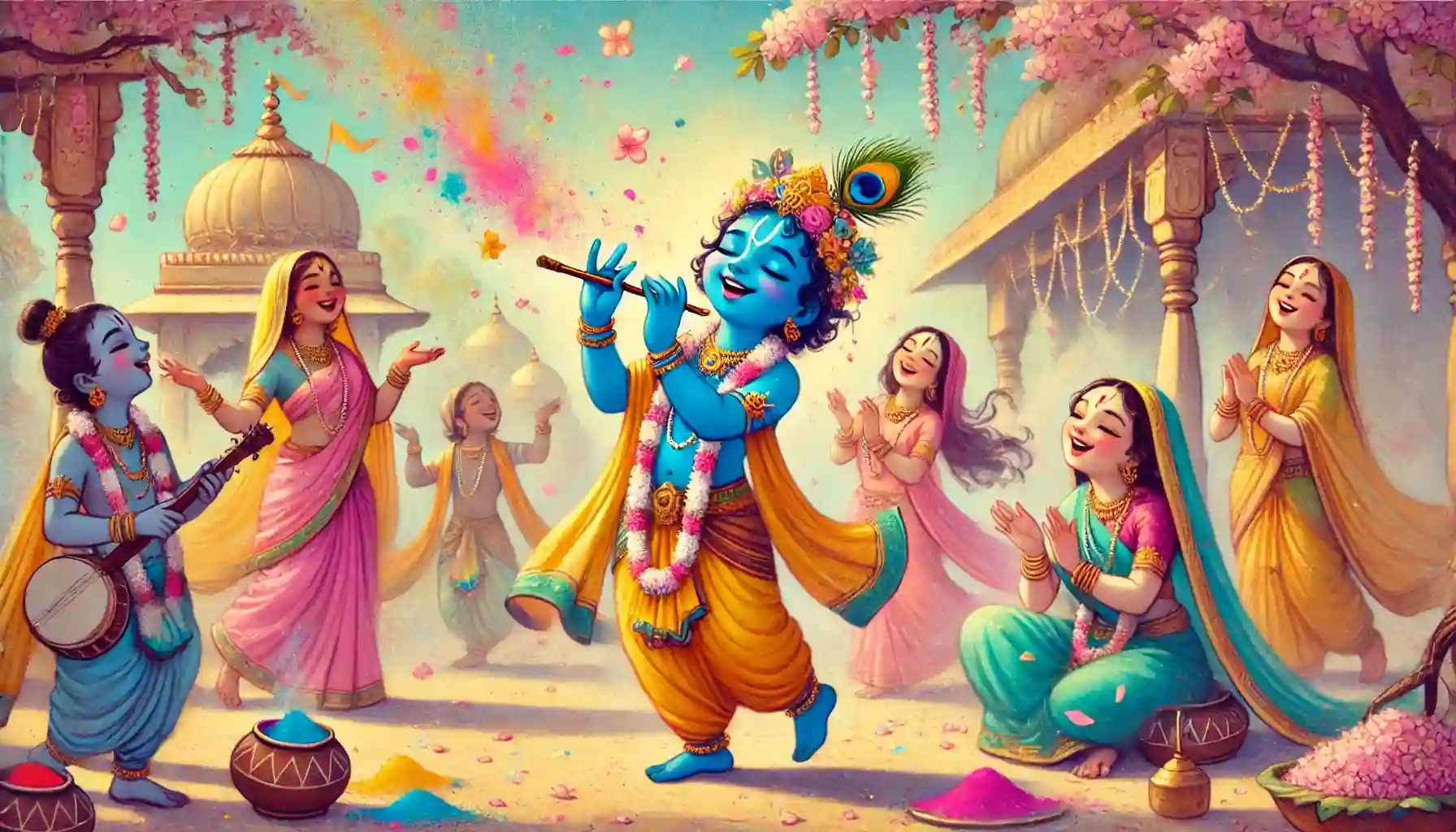 Krishna, Radha, and the gopis celebrate Ranga Panchami with joyful colors—where divine love dances beyond all boundaries.&nbsp;