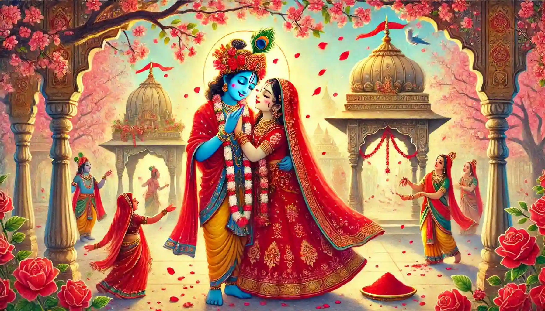 Red—the color of love and devotion—reflects Radha Rani's passionate bhakti for Shree Krishna and the divine energy that fills the universe.