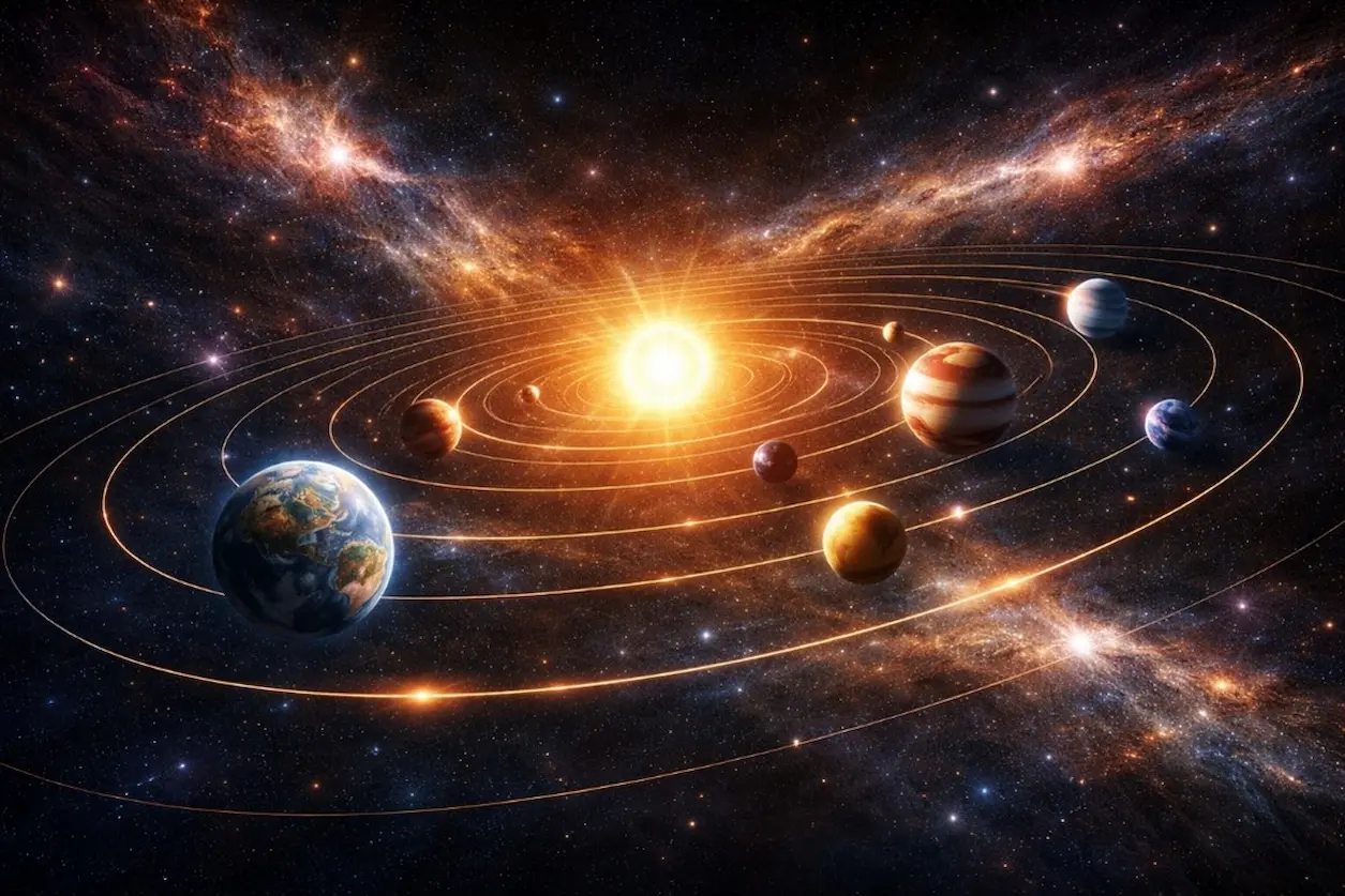 Illustration of the solar system showing planets orbiting the sun in space.