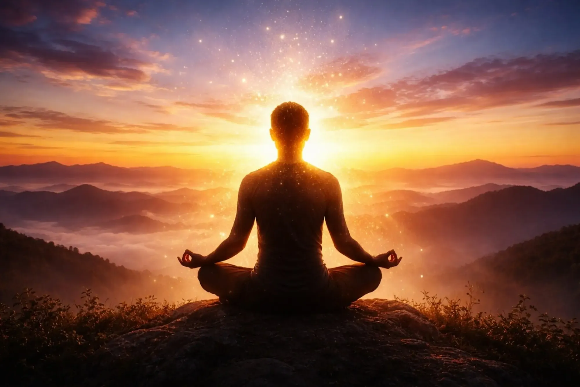 Person meditating on a mountain at sunrise with radiant light behind.