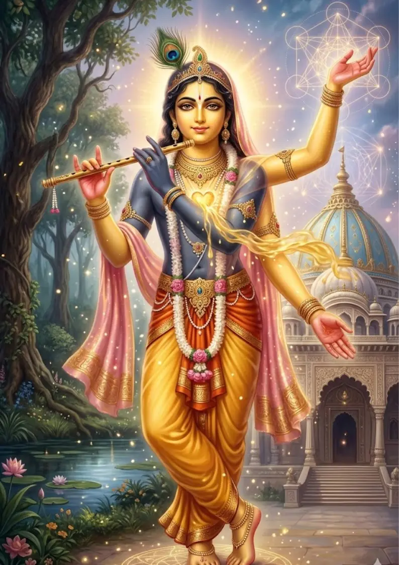 Four-armed deity (radha-krishna) playing flute near temple.