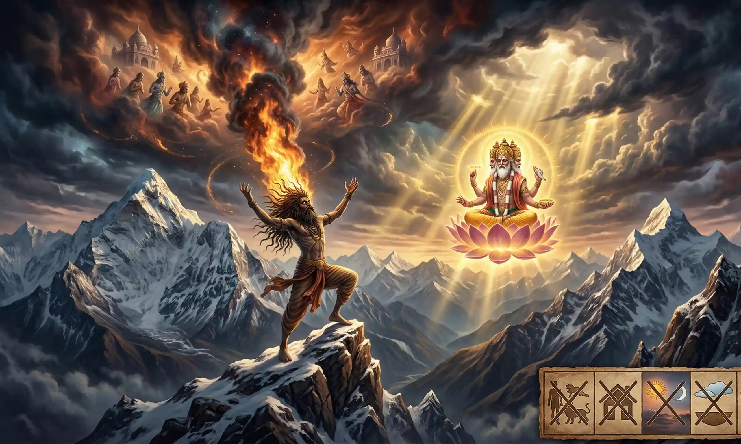 Ascetic with flaming hair atop mountain worships glowing deity on lotus amid stormy sky.
