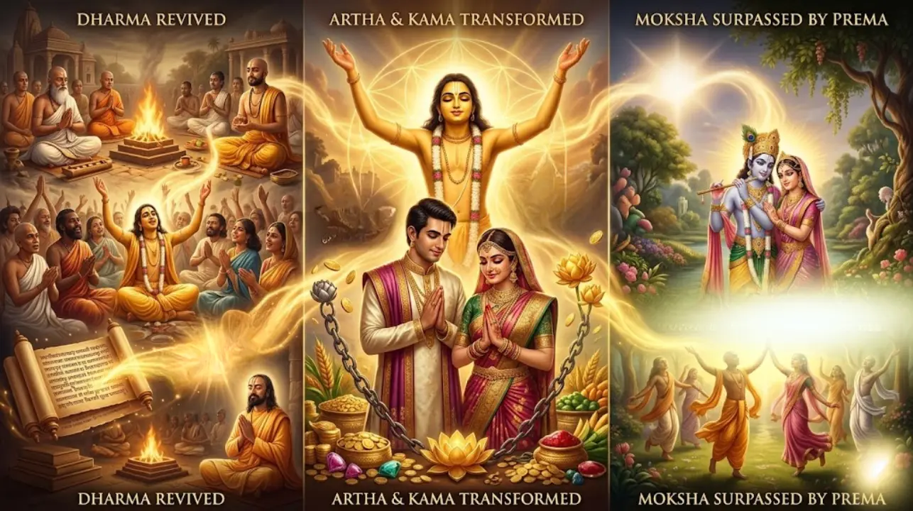 Three-panel Hindu spiritual transformation illustration.