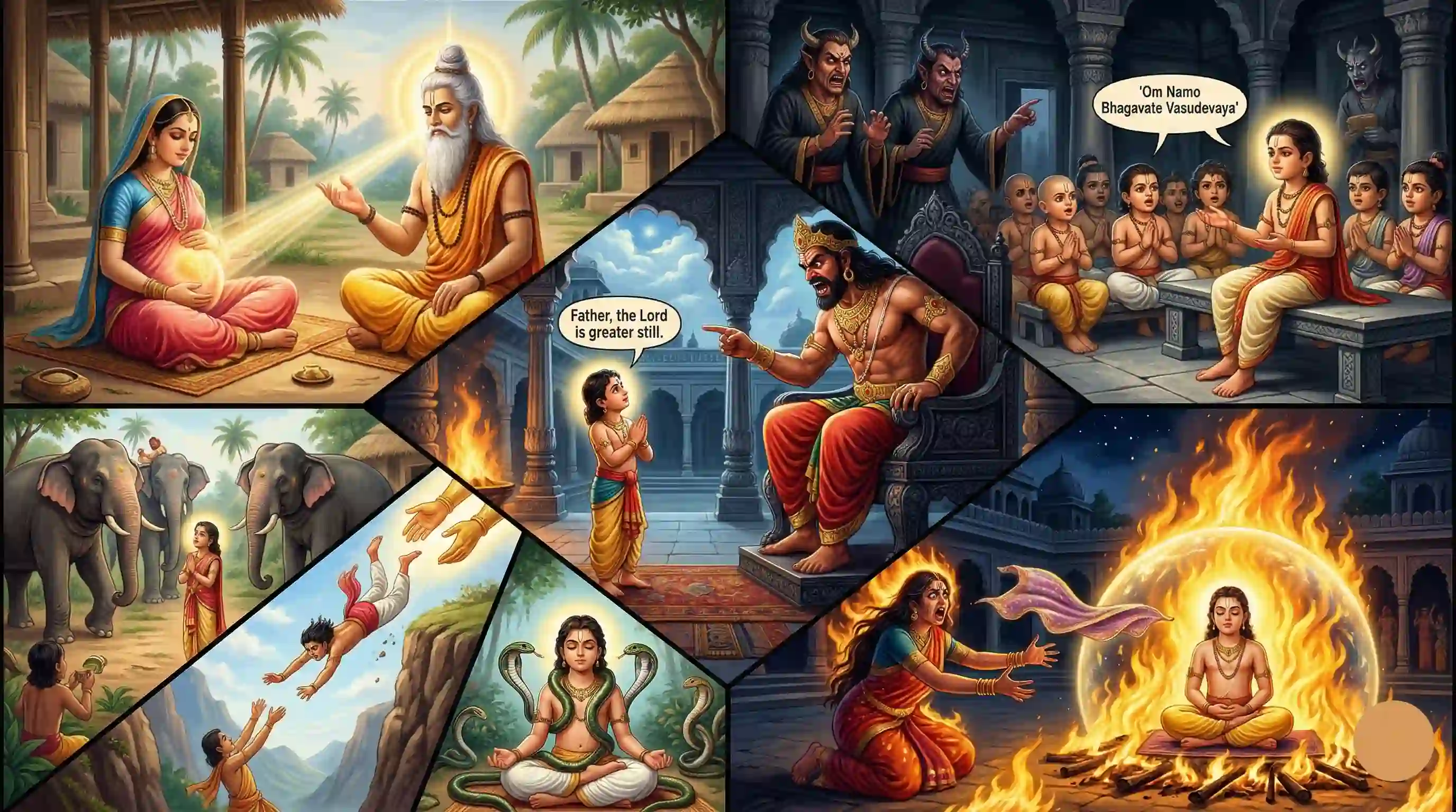 Prahlad’s life scenes: devotion, trials, miracles, and Holika Dahan.