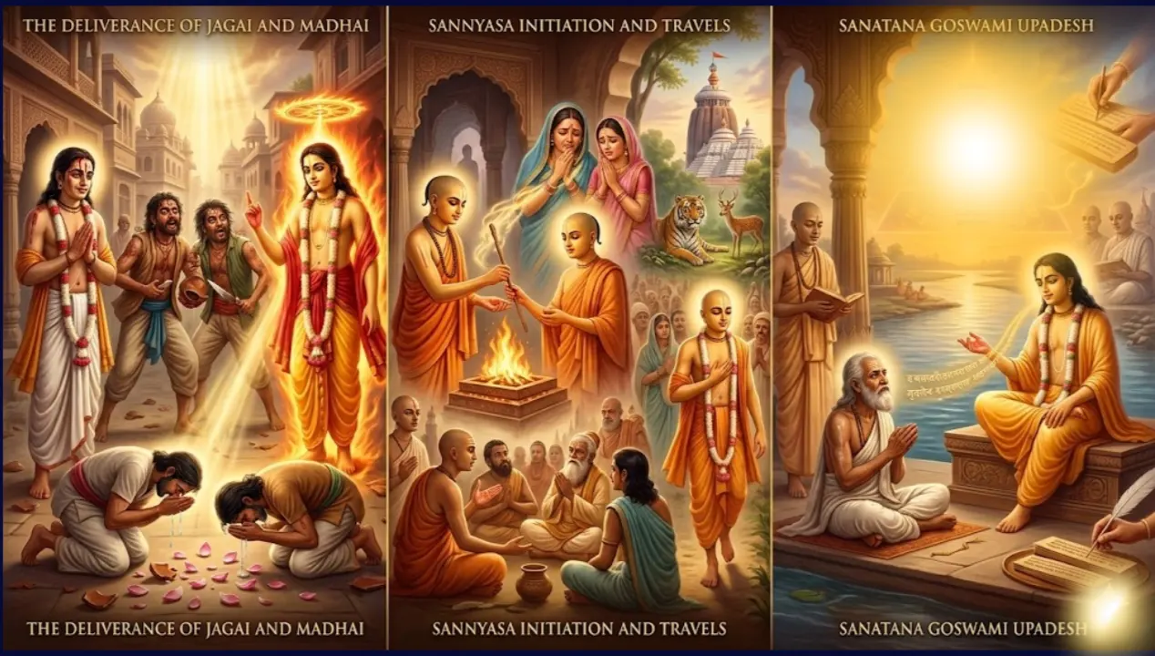 Three-panel scenes of saint’s deliverance, initiation, and teachings.