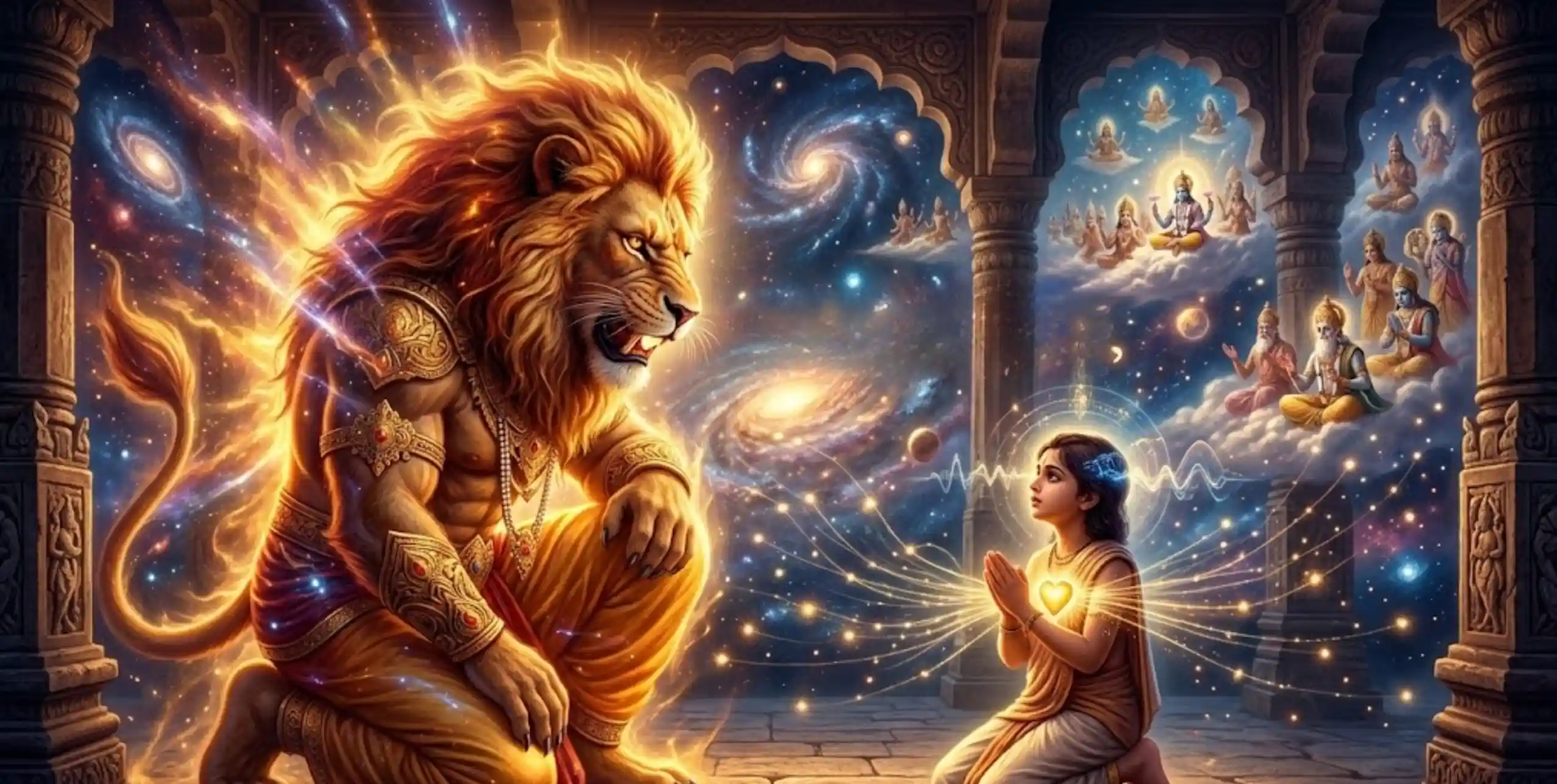 Narasimha blesses praying child amid cosmic, celestial vision.