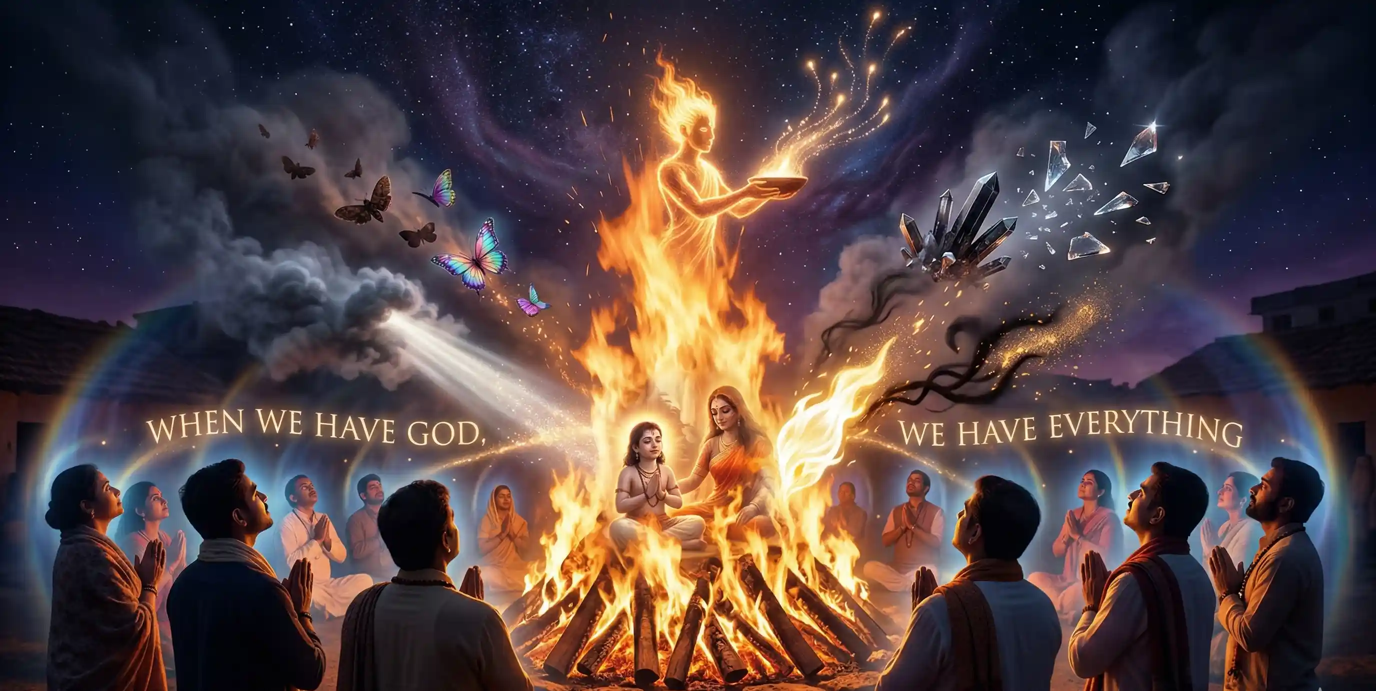 Devotees pray around bonfire; divine figure rises in flames.