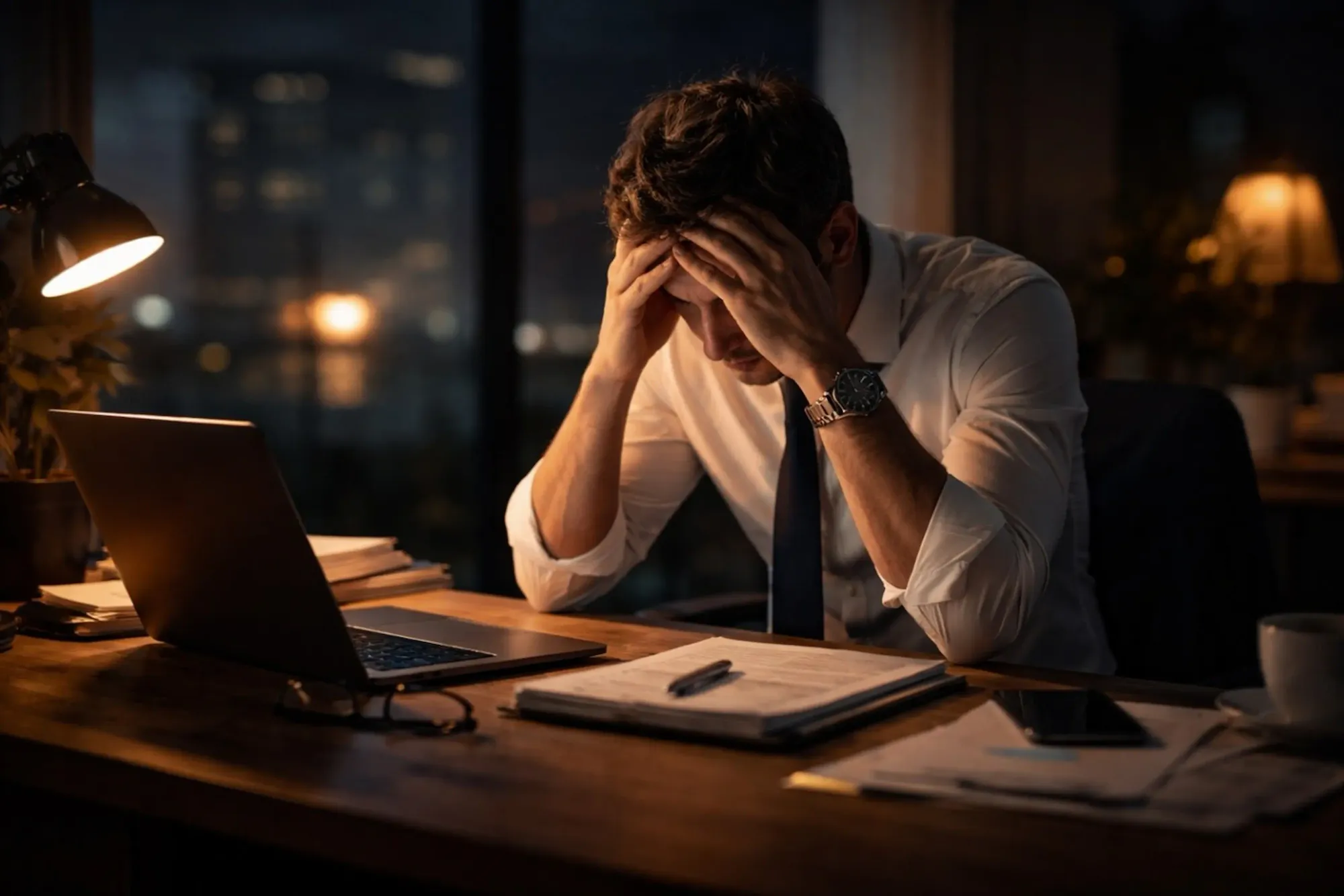Business leader sitting alone at desk at night, overwhelmed and deep in thought.
