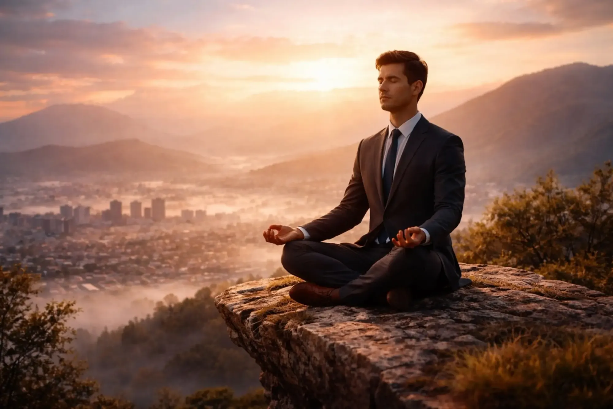 Leader meditating at sunrise overlooking city, symbolizing inner clarity and focus.