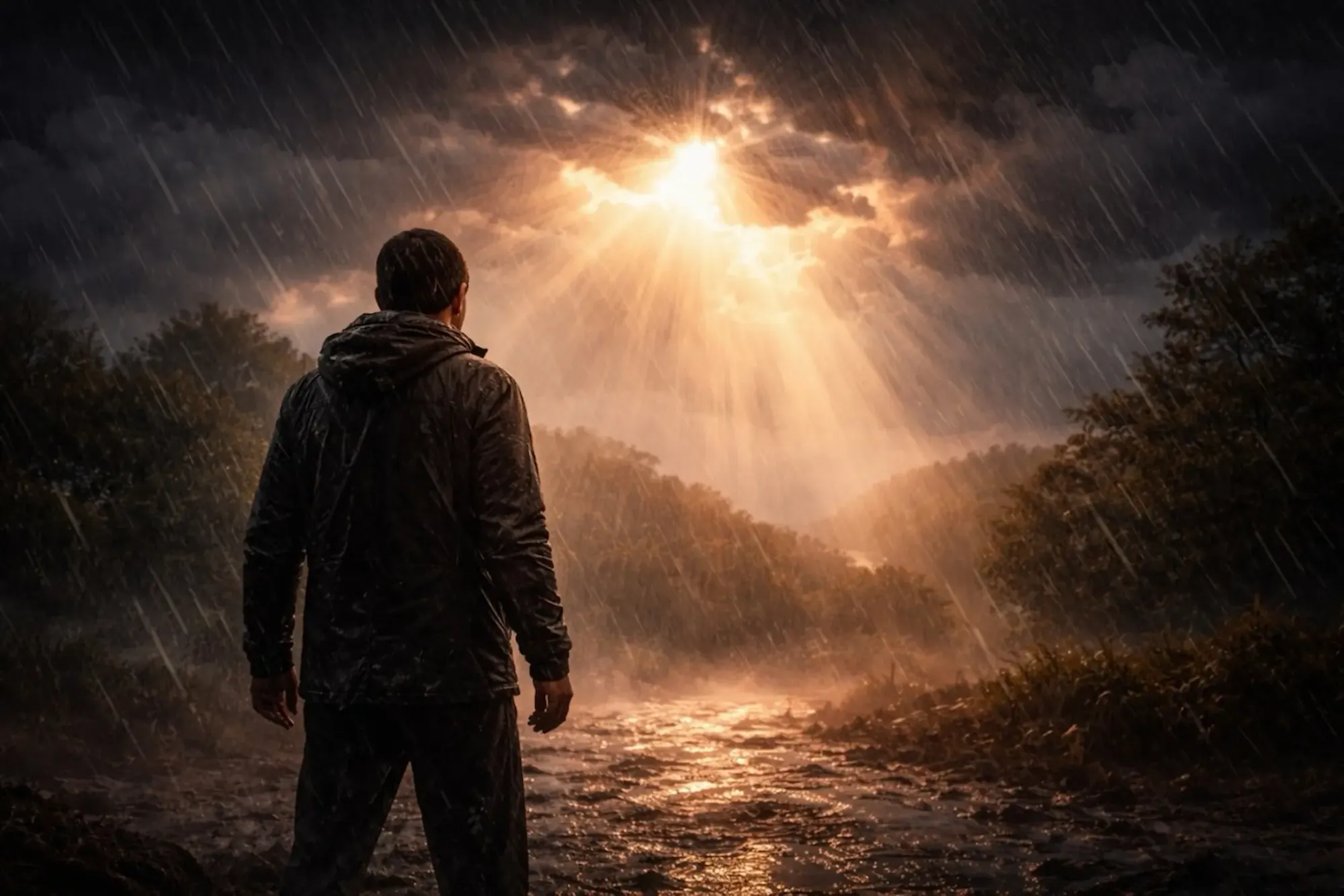 Person standing in storm with sunlight breaking through clouds, symbolizing growth through struggle.