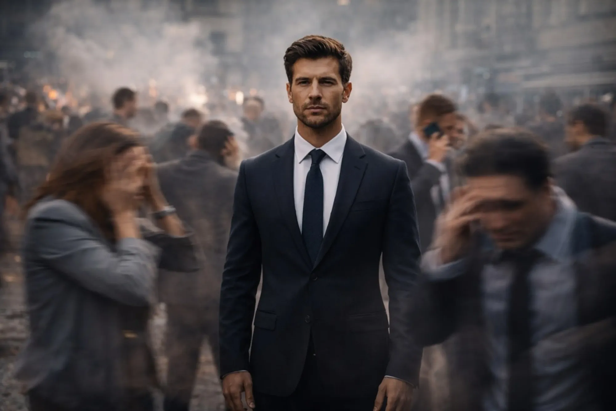 Calm leader standing steady in chaotic environment, representing emotional stability.