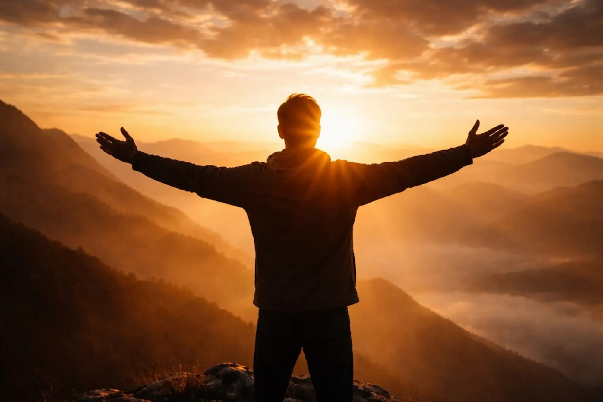 Person standing at sunrise with arms open, symbolizing resilience and new beginnings.
