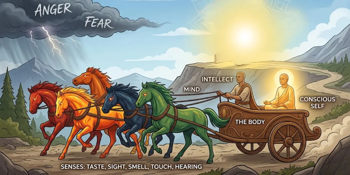 Analogy explaining connection of senses, mind, body, intellect  and soul