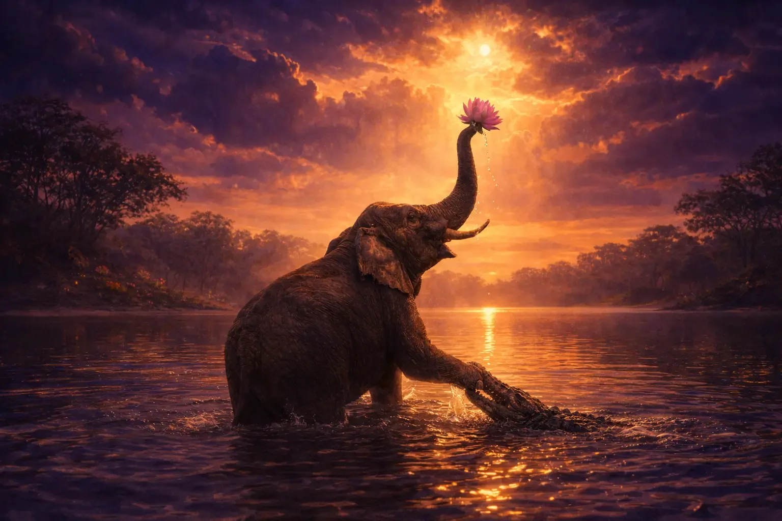 A lone elephant standing at the water's edge at dusk, trunk raised toward a glowing violet and gold sky, the water reflecting the heavens