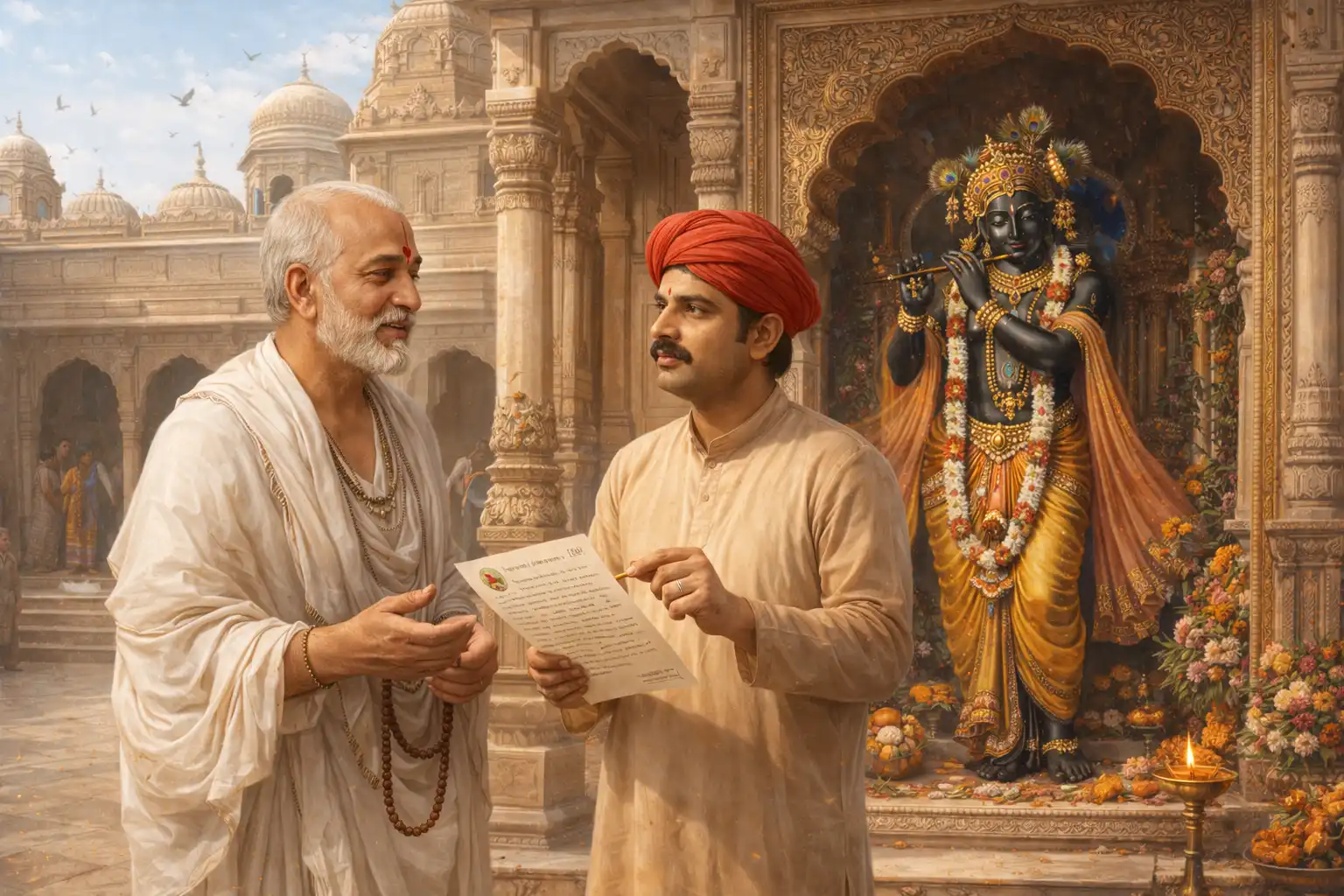 Brahman and clerk discussing a legal notice outside Banke Bihari Temple, with Krishna idol in the background.