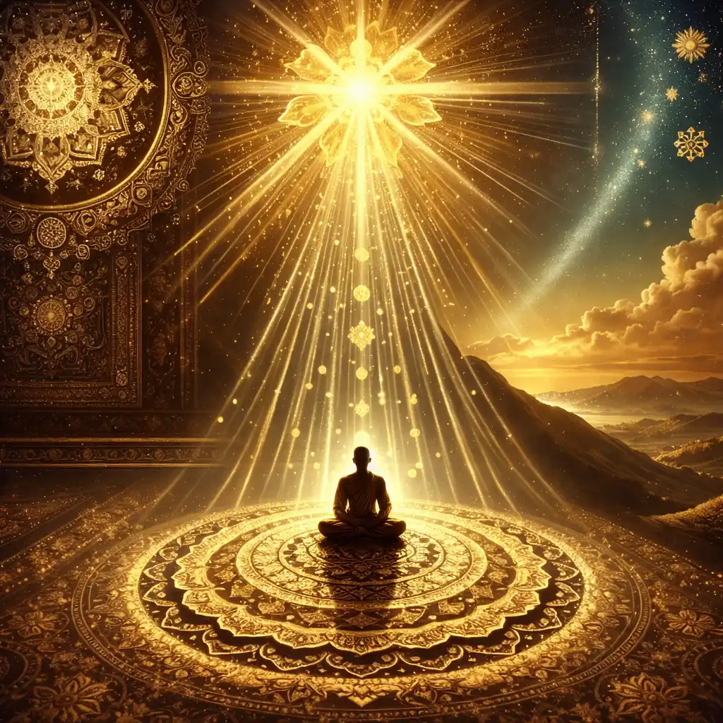 Meditating figure under radiant divine light in a temple setting