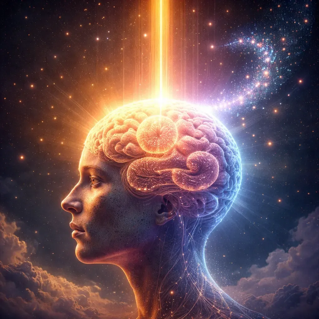 Glowing human brain connected to divine light symbolizing focused meditation