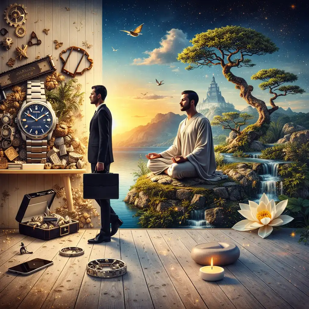 Split image showing material success on one side and peaceful meditation on the other