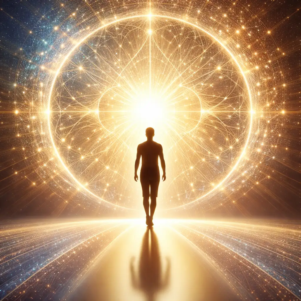 Person walking into radiant light symbolizing spiritual transformation