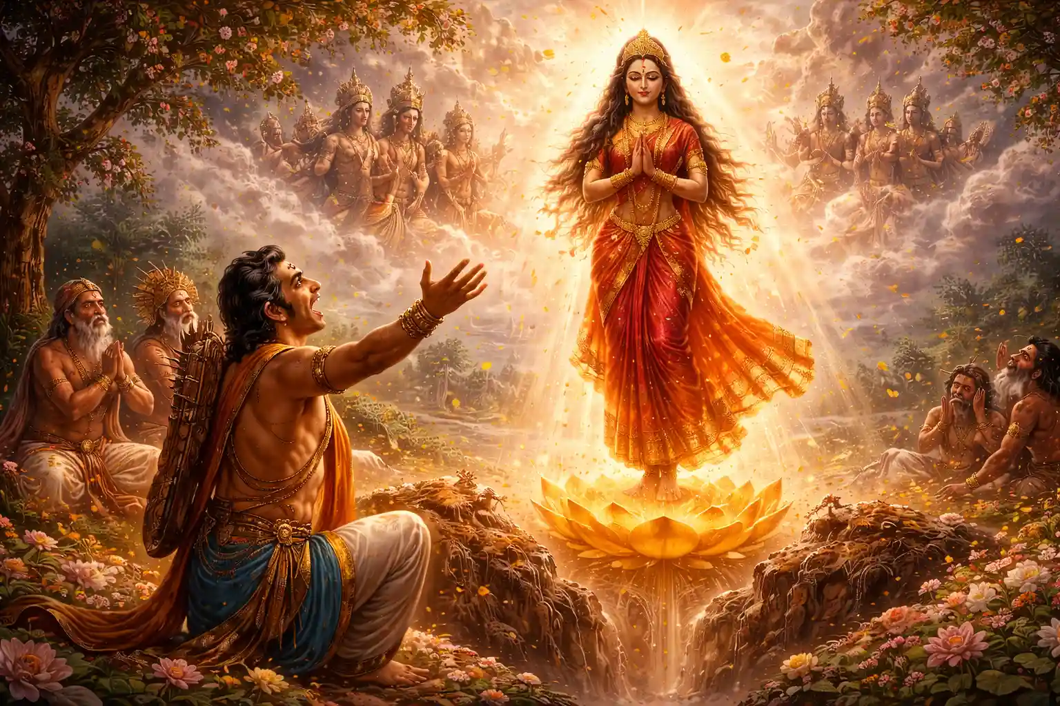 Sita ascending in divine light as Rama reaches out, surrounded by sages and celestial beings
