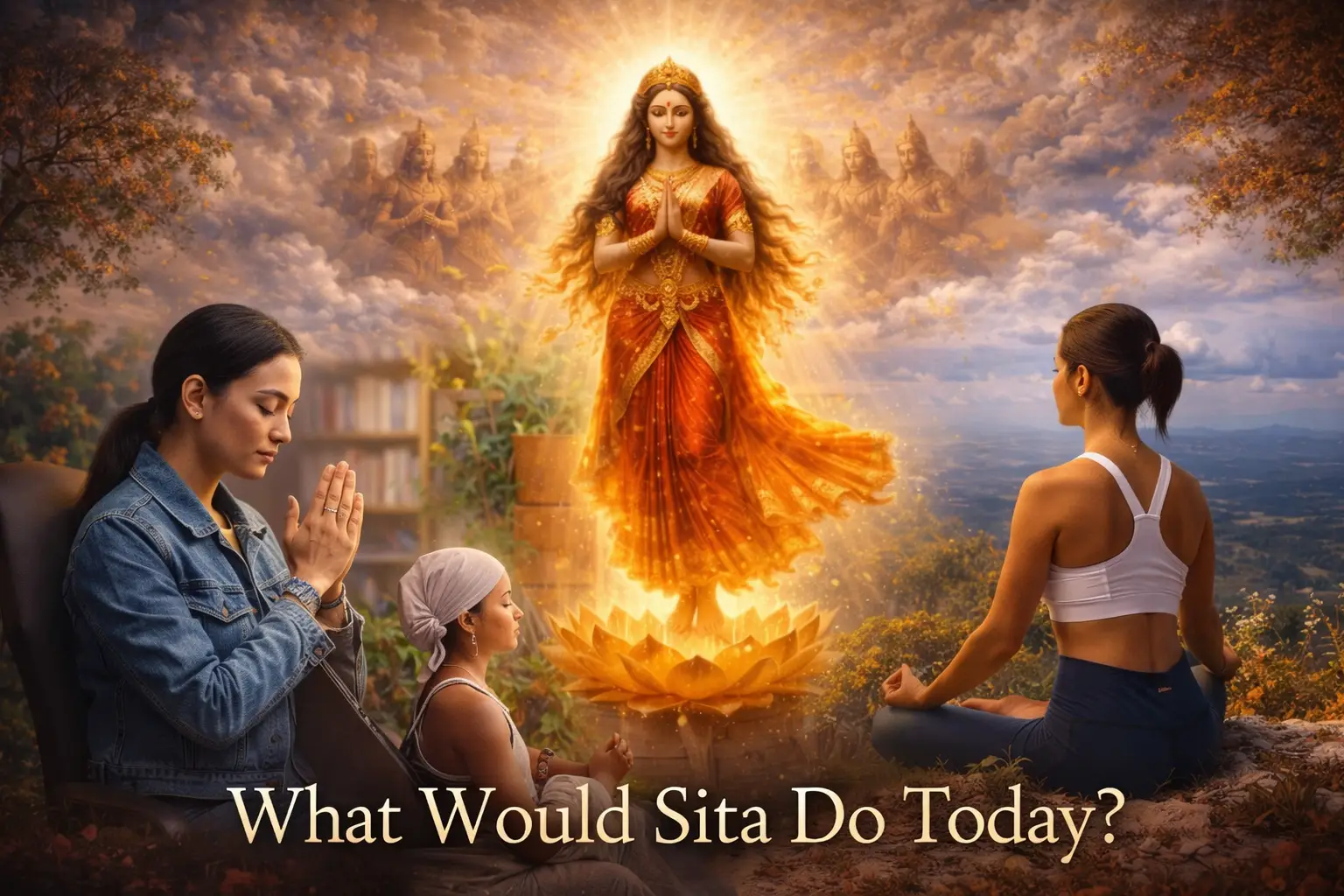 Modern women reflecting and meditating with divine Sita glowing above them